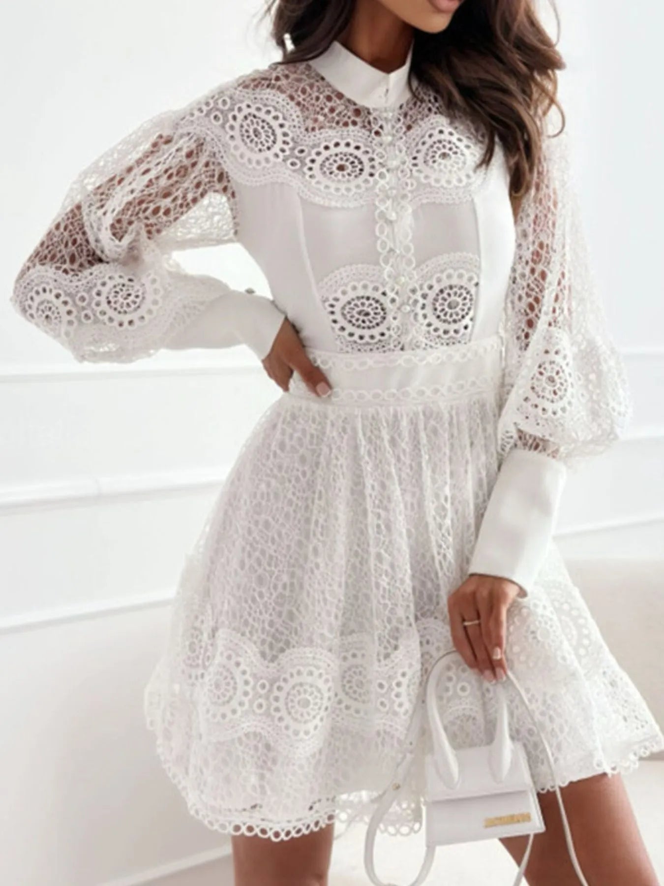 Lace Lantern Sleeve Mini Dress