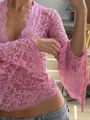 Lace Long Sleeve Deep V-Neck Blouse
