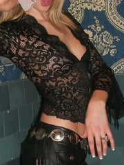 Lace Long Sleeve Deep V-Neck Blouse