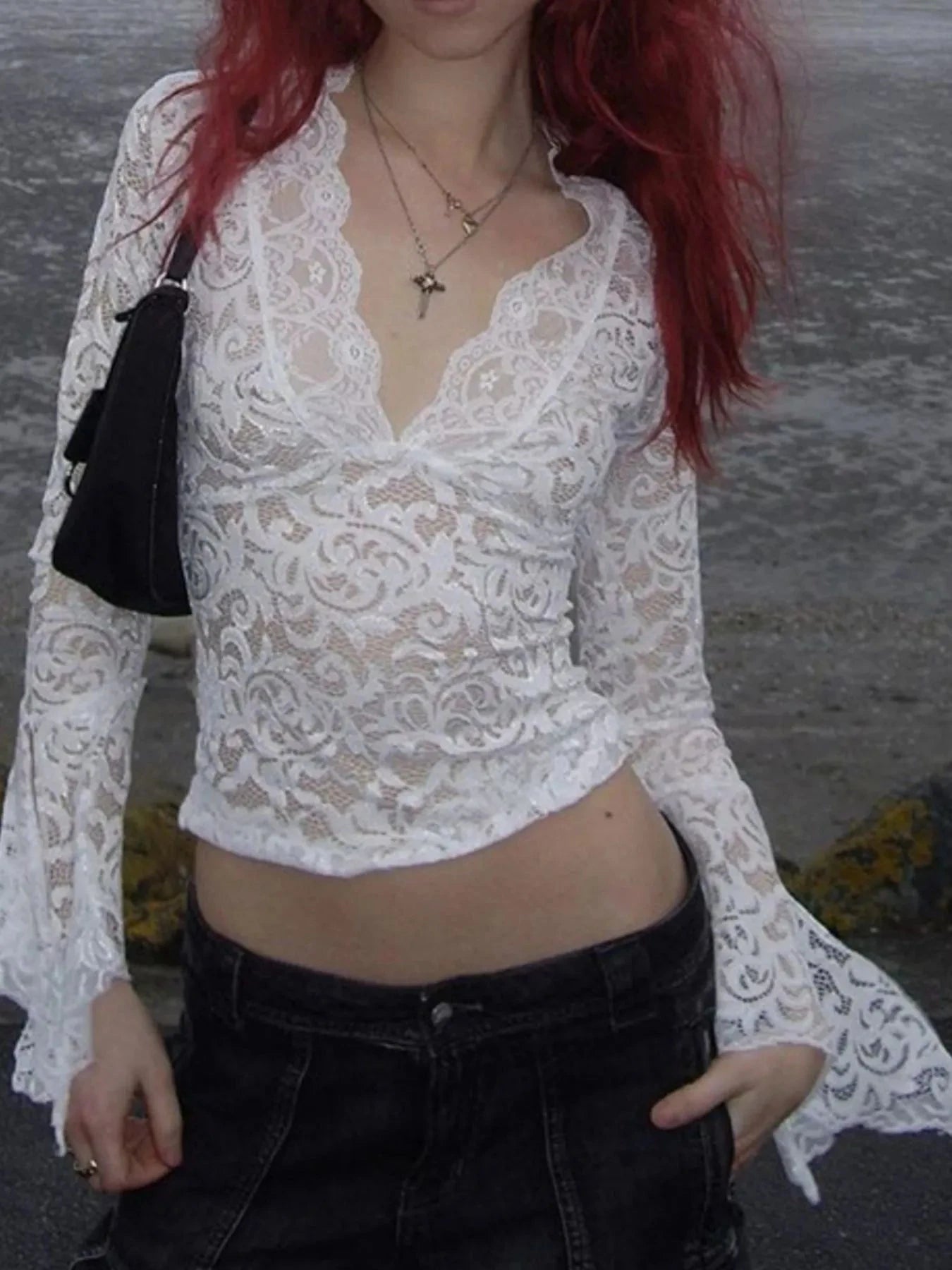 Lace Long Sleeve Deep V-Neck Blouse