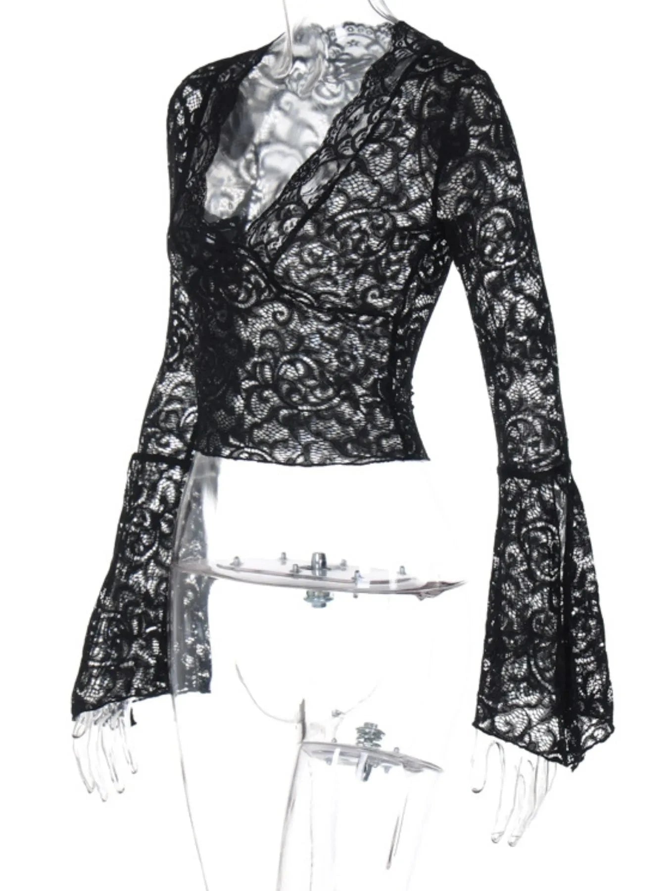 Lace Long Sleeve Deep V-Neck Blouse