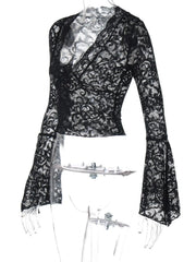Lace Long Sleeve Deep V-Neck Blouse