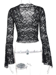 Lace Long Sleeve Deep V-Neck Blouse