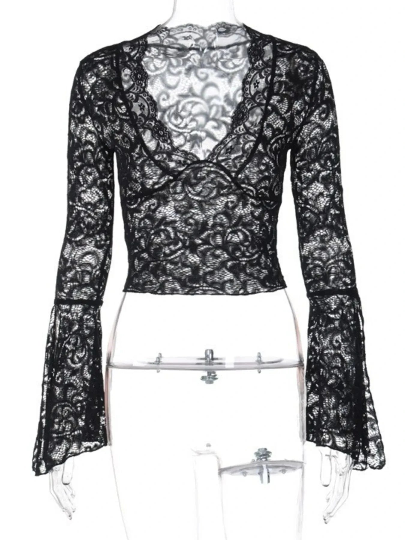 Lace Long Sleeve Deep V-Neck Blouse