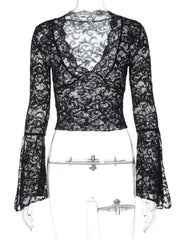 Lace Long Sleeve Deep V-Neck Blouse