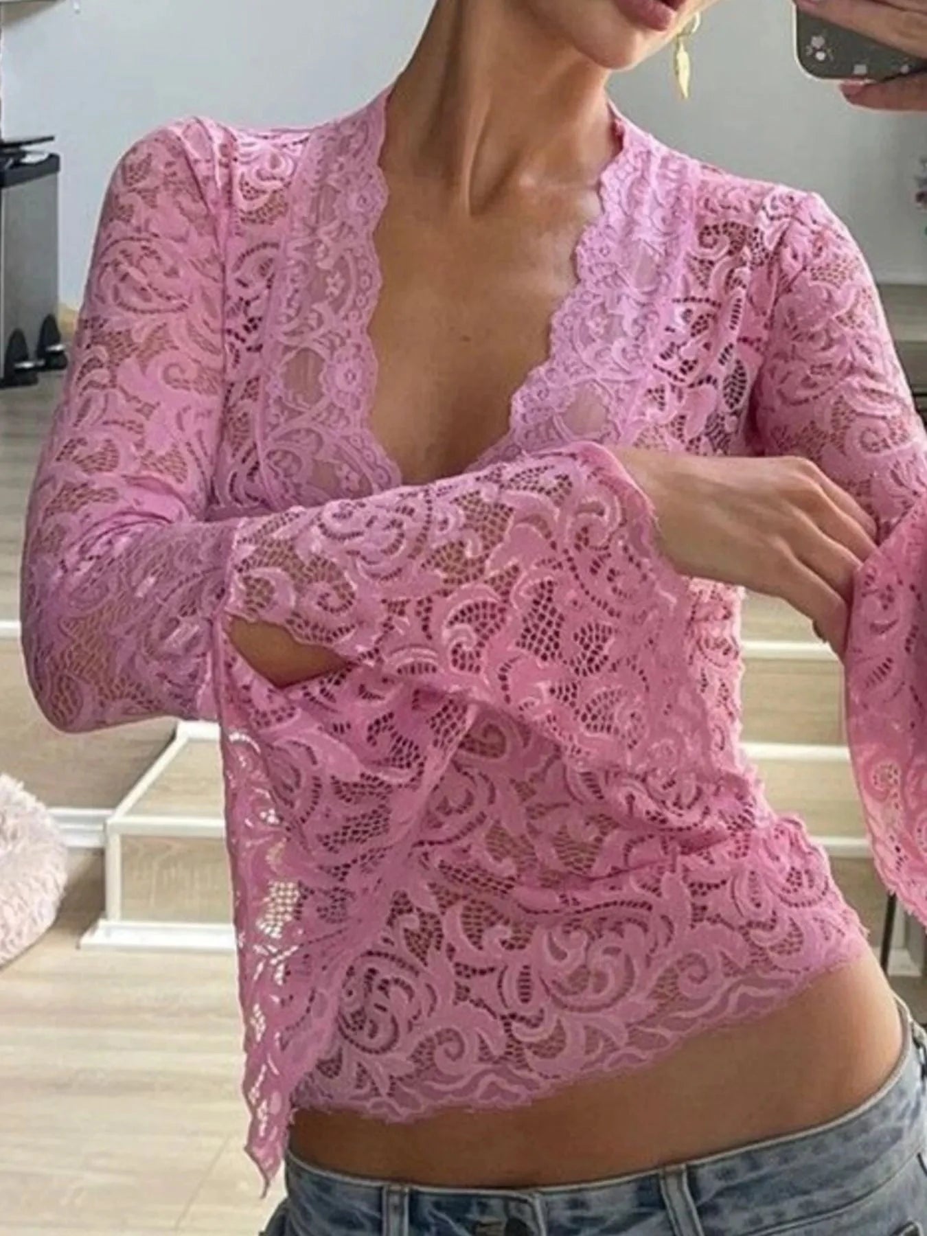 Lace Long Sleeve Deep V-Neck Blouse Pink / S