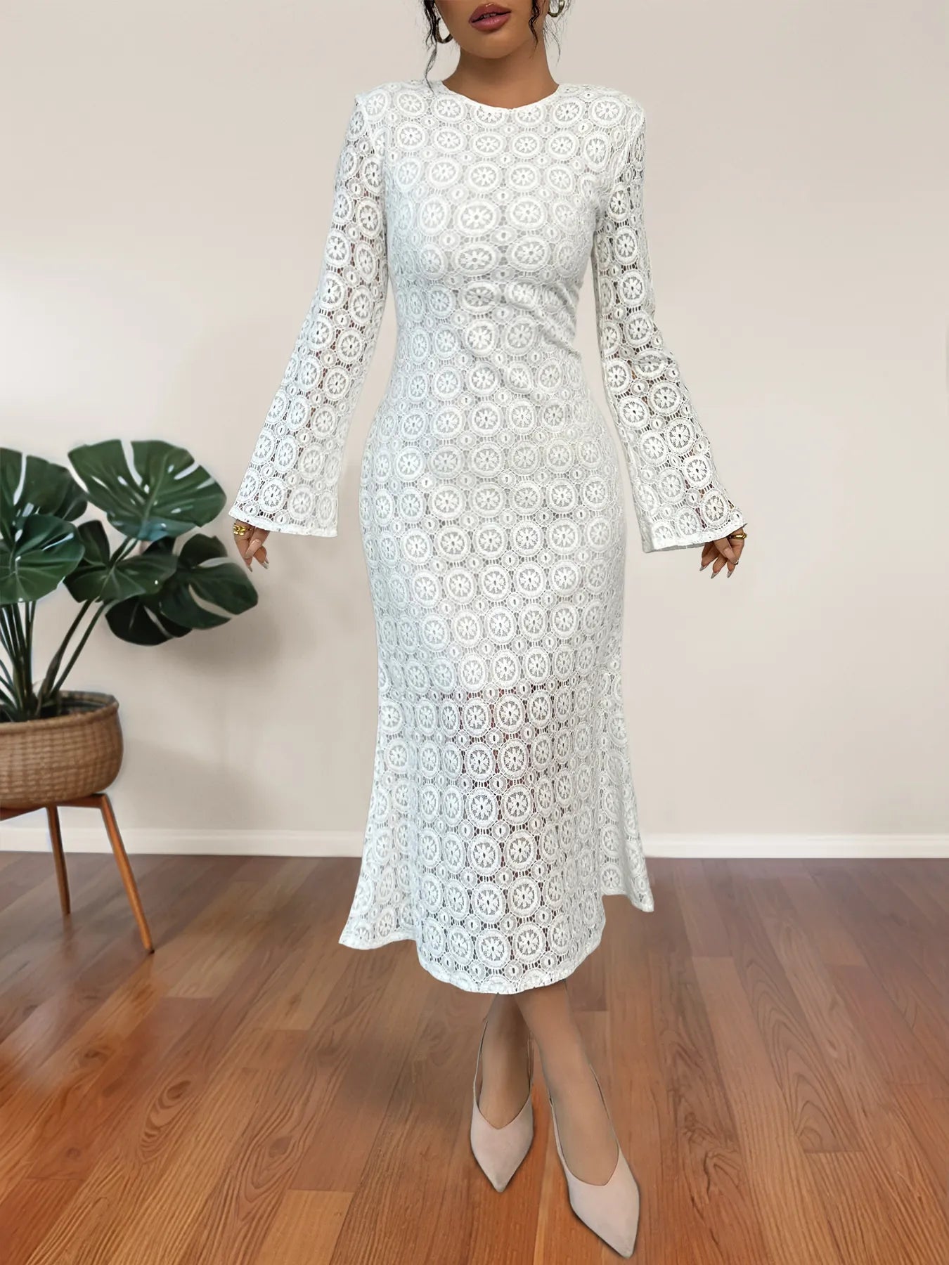 Lace Long Sleeve Midi Dress White / S