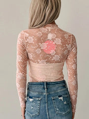 Lace Mock Neck Long Sleeve Blouse