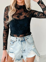 Lace Mock Neck Long Sleeve Blouse