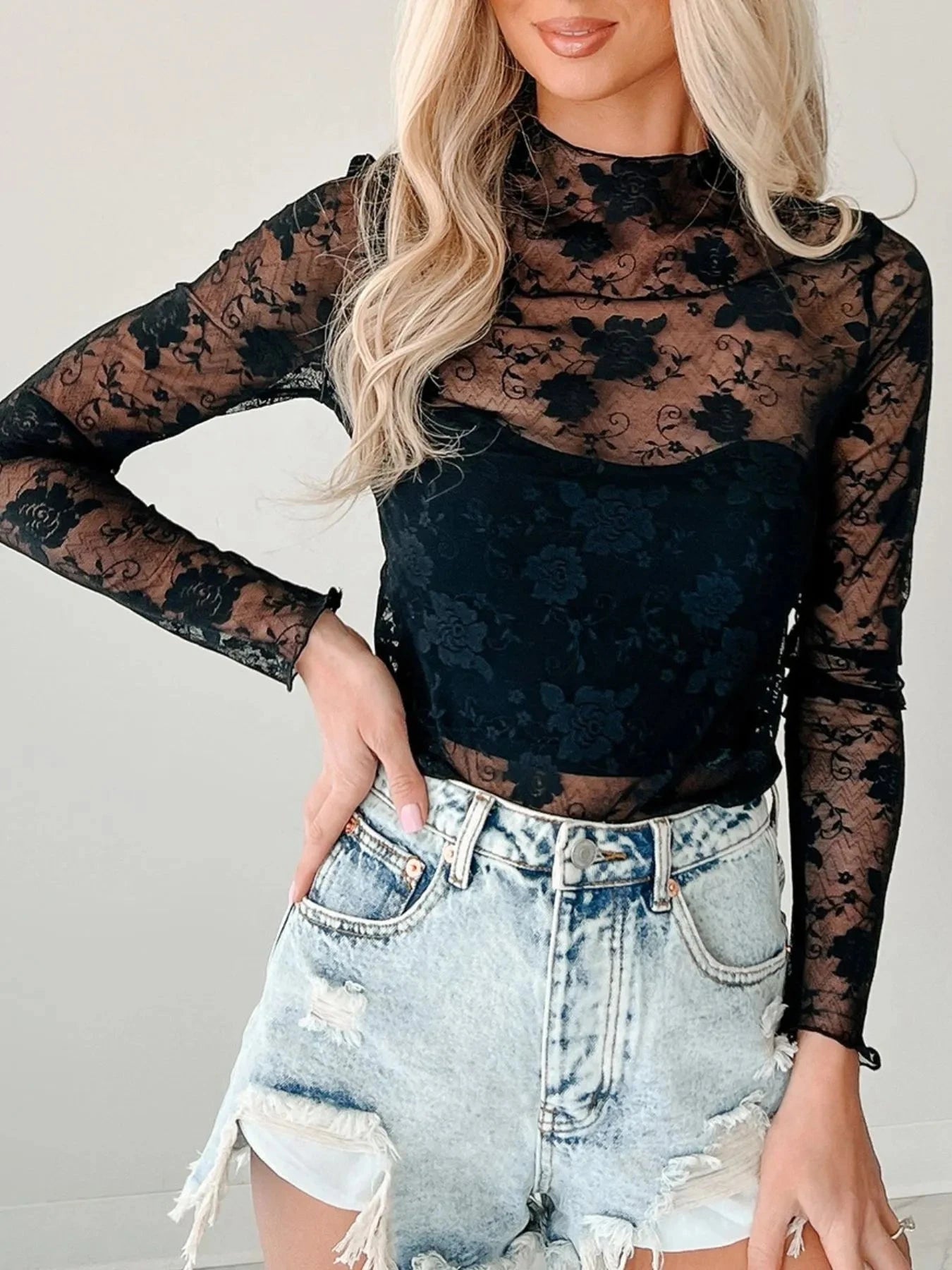Lace Mock Neck Long Sleeve Blouse
