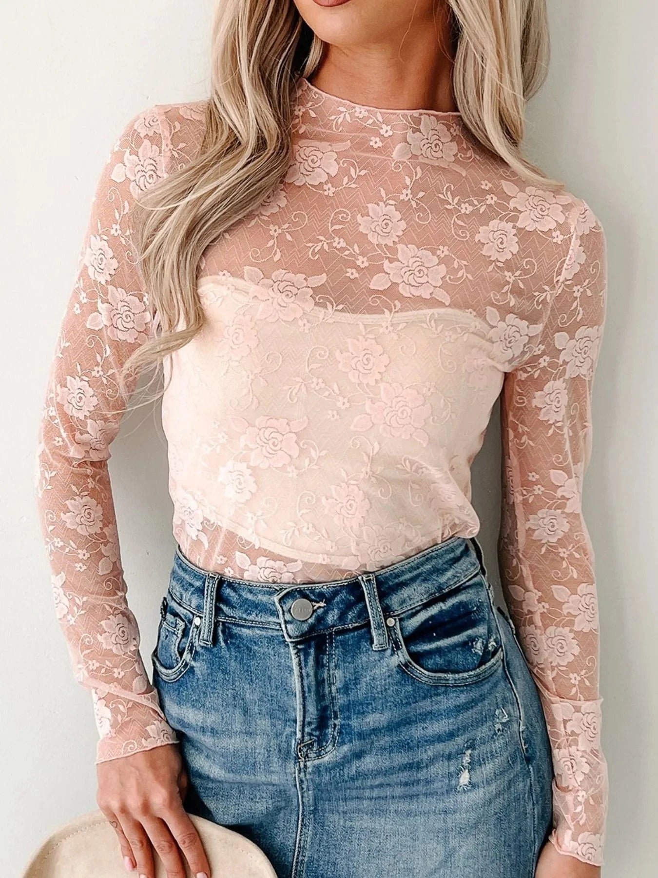Lace Mock Neck Long Sleeve Blouse Dusty Pink / S