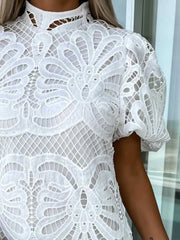 Lace Mock Neck Puff Sleeve Dress