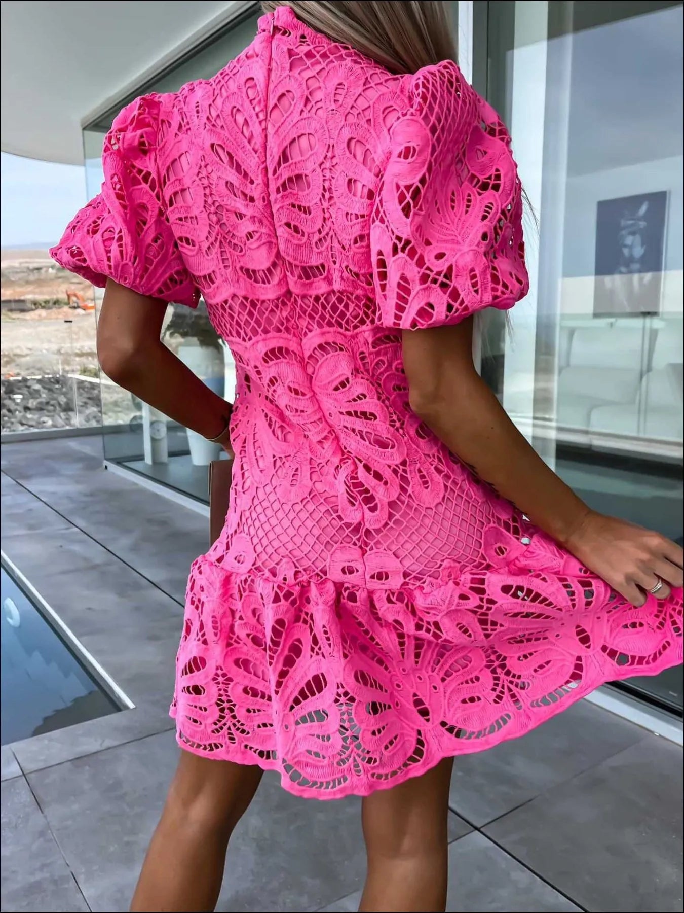 Lace Mock Neck Puff Sleeve Dress