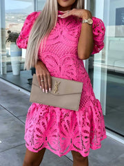 Lace Mock Neck Puff Sleeve Dress