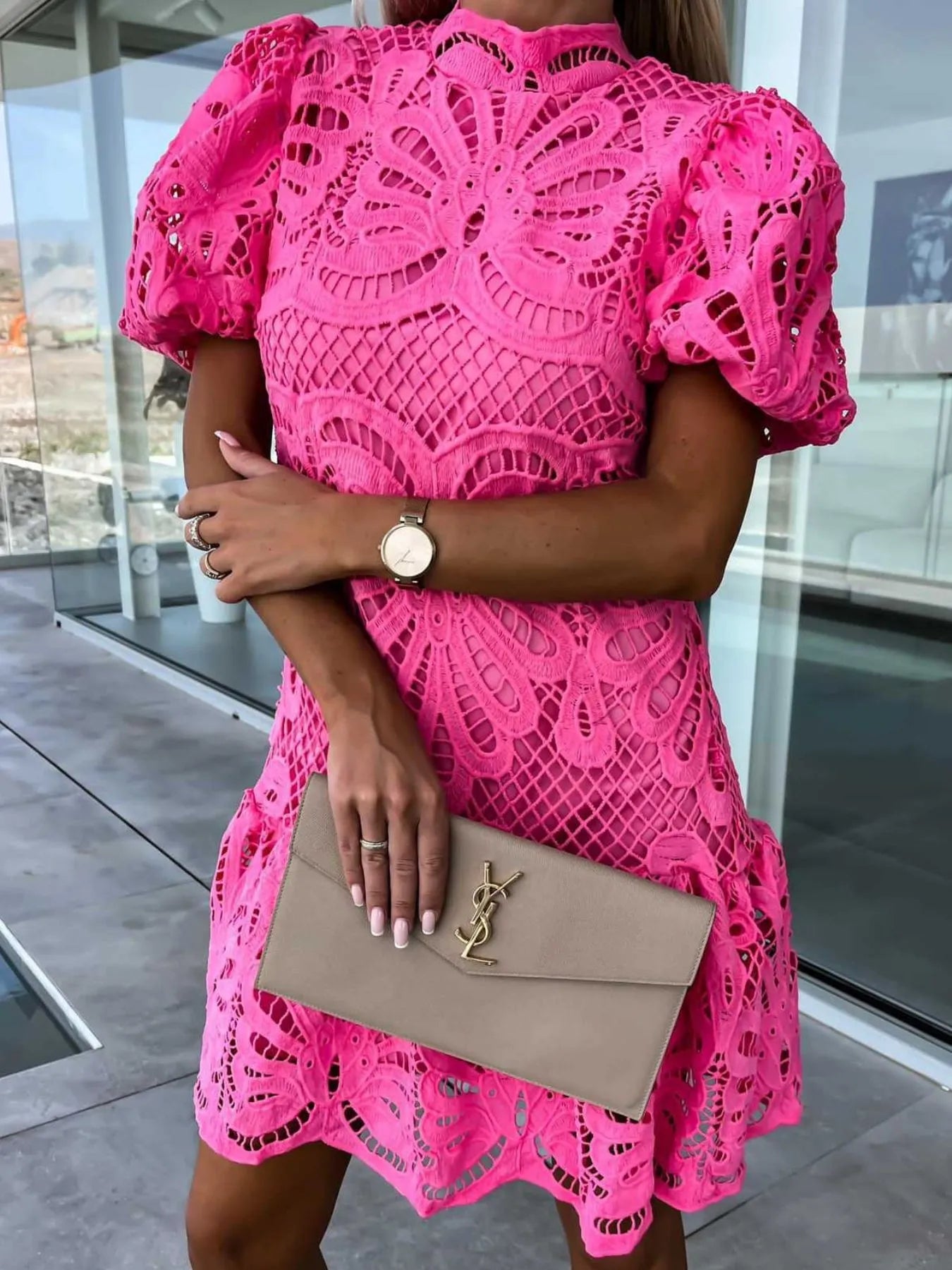 Lace Mock Neck Puff Sleeve Dress Rose Red / S
