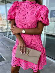 Lace Mock Neck Puff Sleeve Dress Rose Red / S