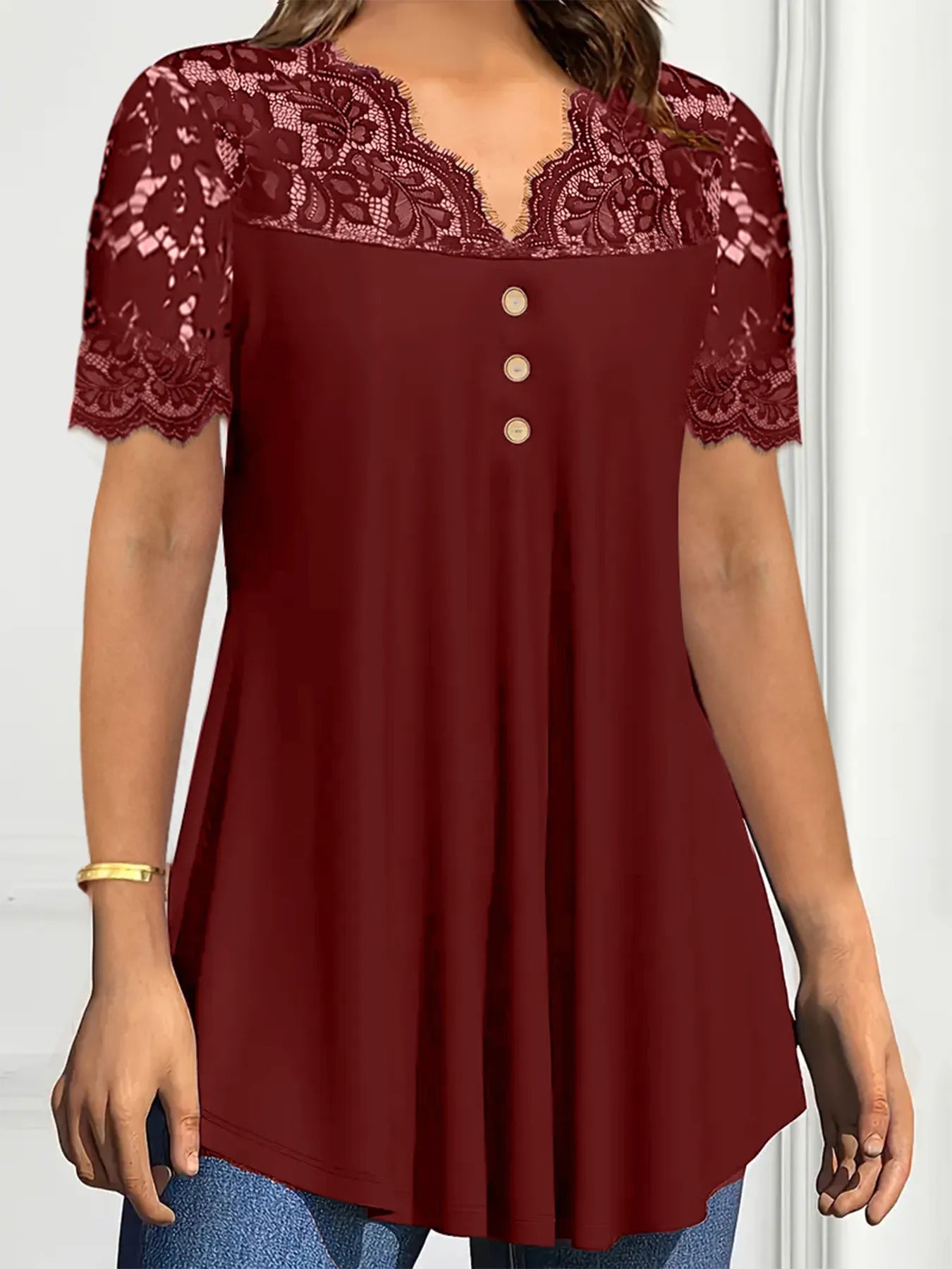 Lace Panel Short Sleeve Blouse Burgundy / S
