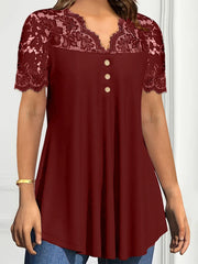 Lace Panel Short Sleeve Blouse Burgundy / S