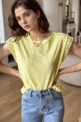 Lace Patchwork Cap Sleeve Round Neck T Shirt Light Yellow / S