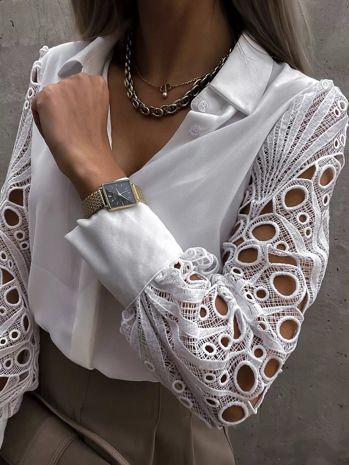 Lace Sleeve Collared Neck Blouse