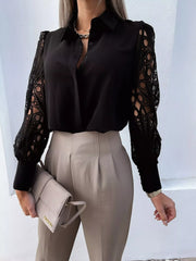 Lace Sleeve Collared Neck Blouse Black / S