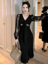 Lace Sleeves Mermaid Hem Sash Dress S / Black