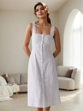 Lace Trim Button Front Square Neck Midi Dress White / S
