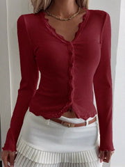 Lace Trim Long Sleeve Top Burgundy / S