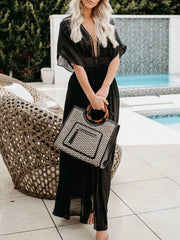Lace Trim Plunging Beach Cover Up Maxi Dress