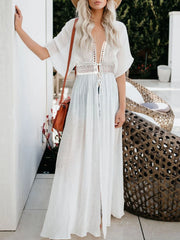 Lace Trim Plunging Beach Cover Up Maxi Dress Spot White / S