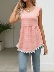 Lace Trim Sleeveless Babydoll Tank Top Pink / S