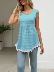 Lace Trim Sleeveless Babydoll Tank Top Sky Blue / S