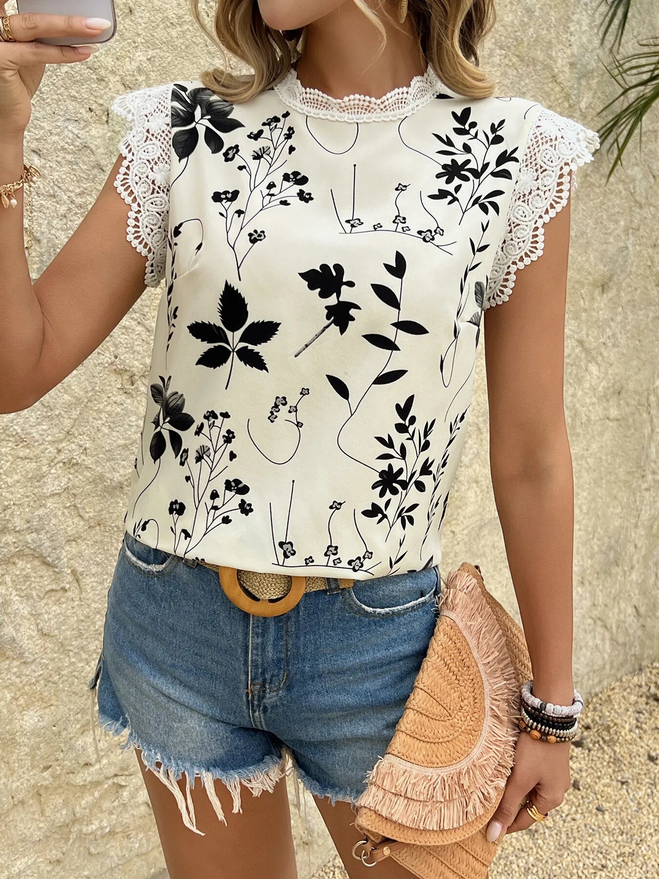 Lace Trim Sleeveless Blouse