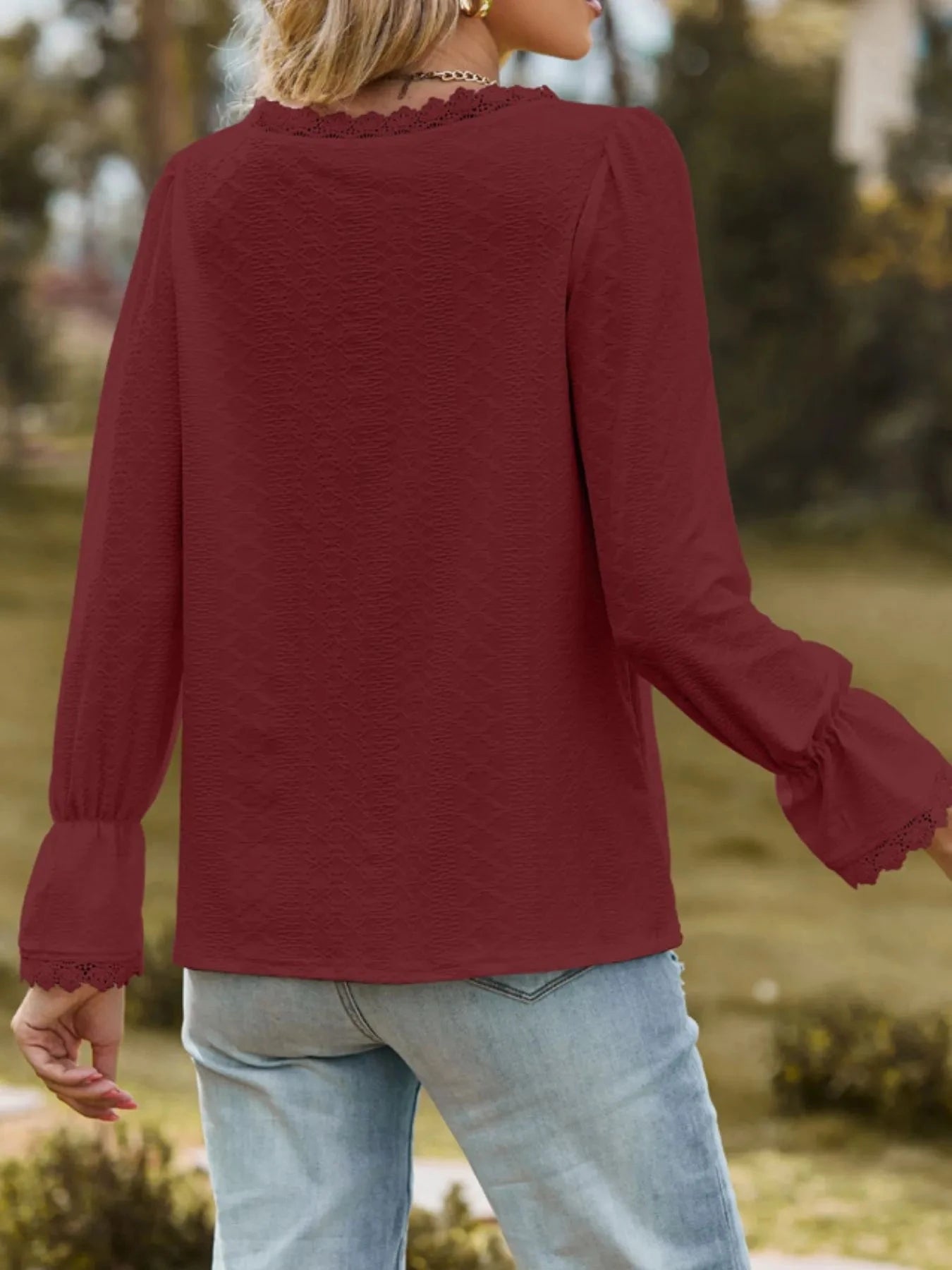 Lace Trim V-Neck Blouse with Flounce Sleeves