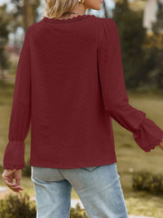 Lace Trim V-Neck Blouse with Flounce Sleeves