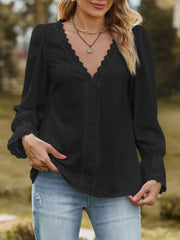 Lace Trim V-Neck Blouse with Flounce Sleeves