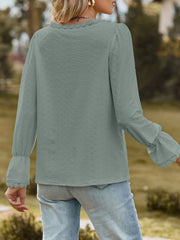 Lace Trim V-Neck Blouse with Flounce Sleeves