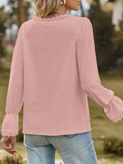 Lace Trim V-Neck Blouse with Flounce Sleeves