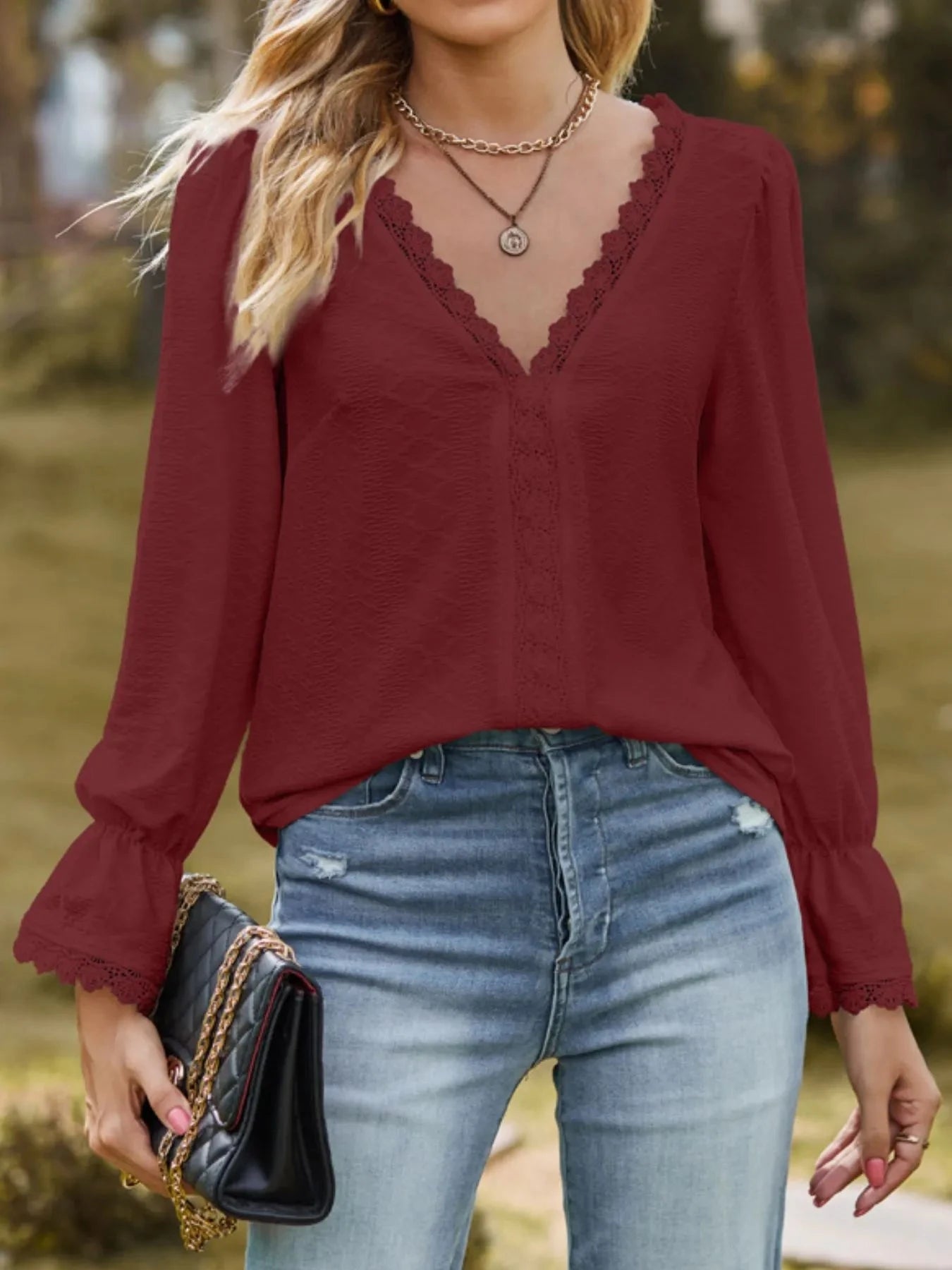 Lace Trim V-Neck Blouse with Flounce Sleeves