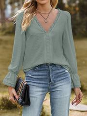 Lace Trim V-Neck Blouse with Flounce Sleeves