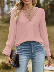 Lace Trim V-Neck Blouse with Flounce Sleeves