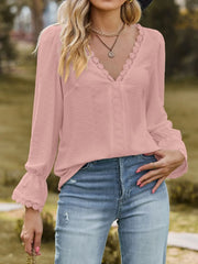 Lace Trim V-Neck Blouse with Flounce Sleeves Blush Pink / S
