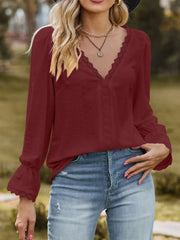 Lace Trim V-Neck Blouse with Flounce Sleeves Burgundy / S