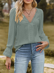 Lace Trim V-Neck Blouse with Flounce Sleeves Sage / S