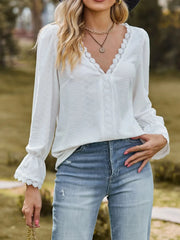 Lace Trim V-Neck Blouse with Flounce Sleeves White / S