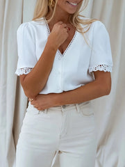 Lace Trim V-Neck Button-Up Blouse