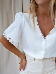 Lace Trim V-Neck Button-Up Blouse