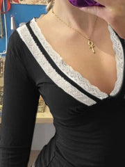Lace Trim V-Neck Long Sleeve Top