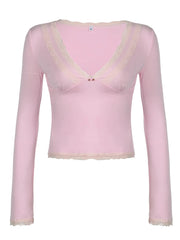 Lace Trim V-Neck Long Sleeve Top