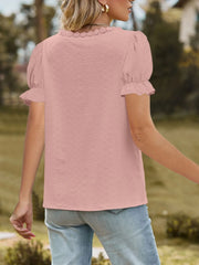 Lace Trim V-Neck Puff Sleeve Blouse